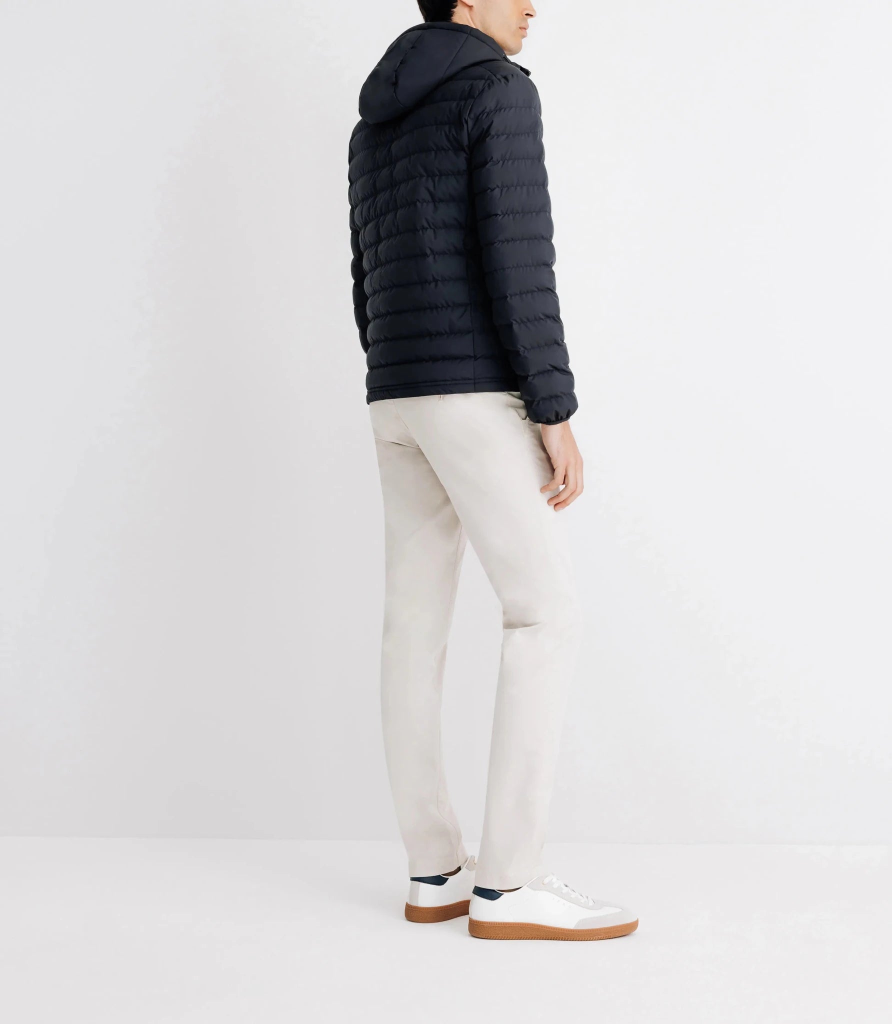 Down jacket with removable navy hood