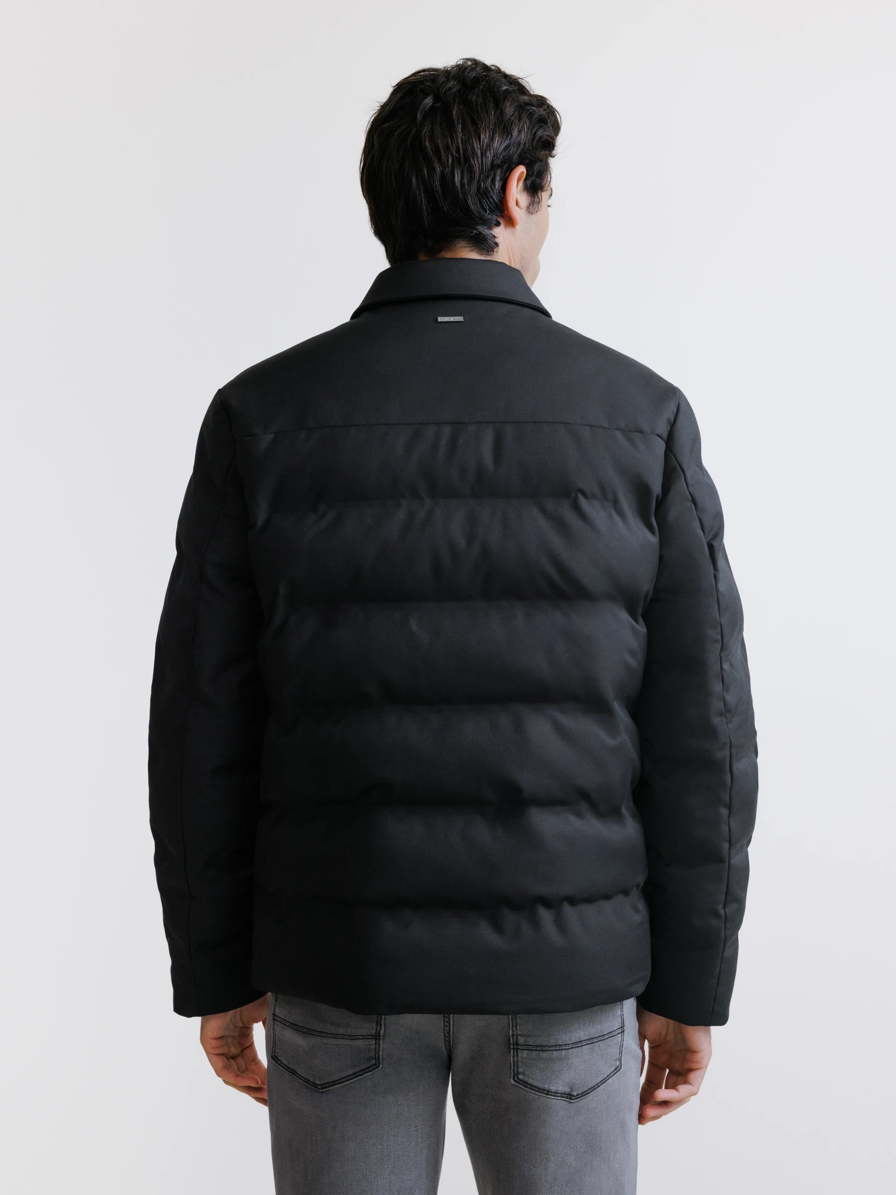 Black short down jacket with shirt collar