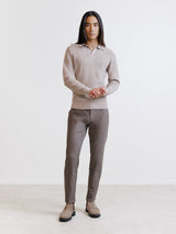 Beige open polo collar jumper with textured stitching