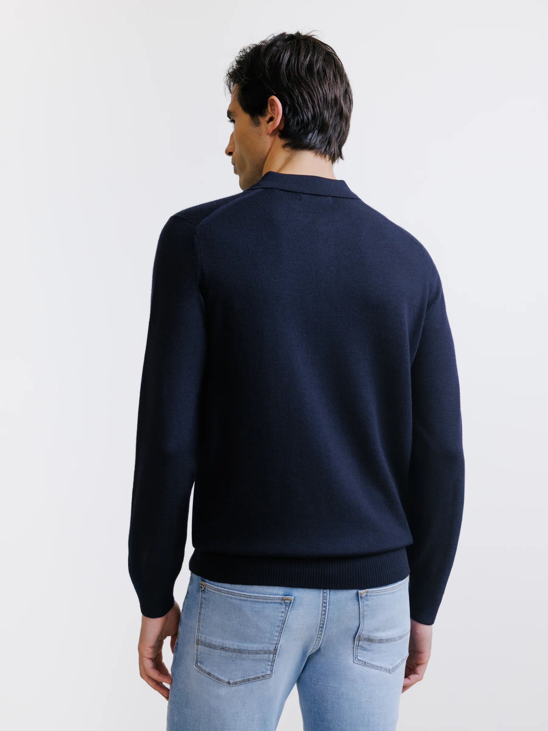 Navy merino wool button-up polo shirt