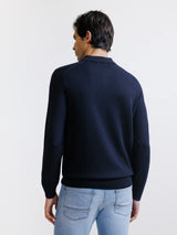 Pull col polo boutonné en laine mérinos marine
