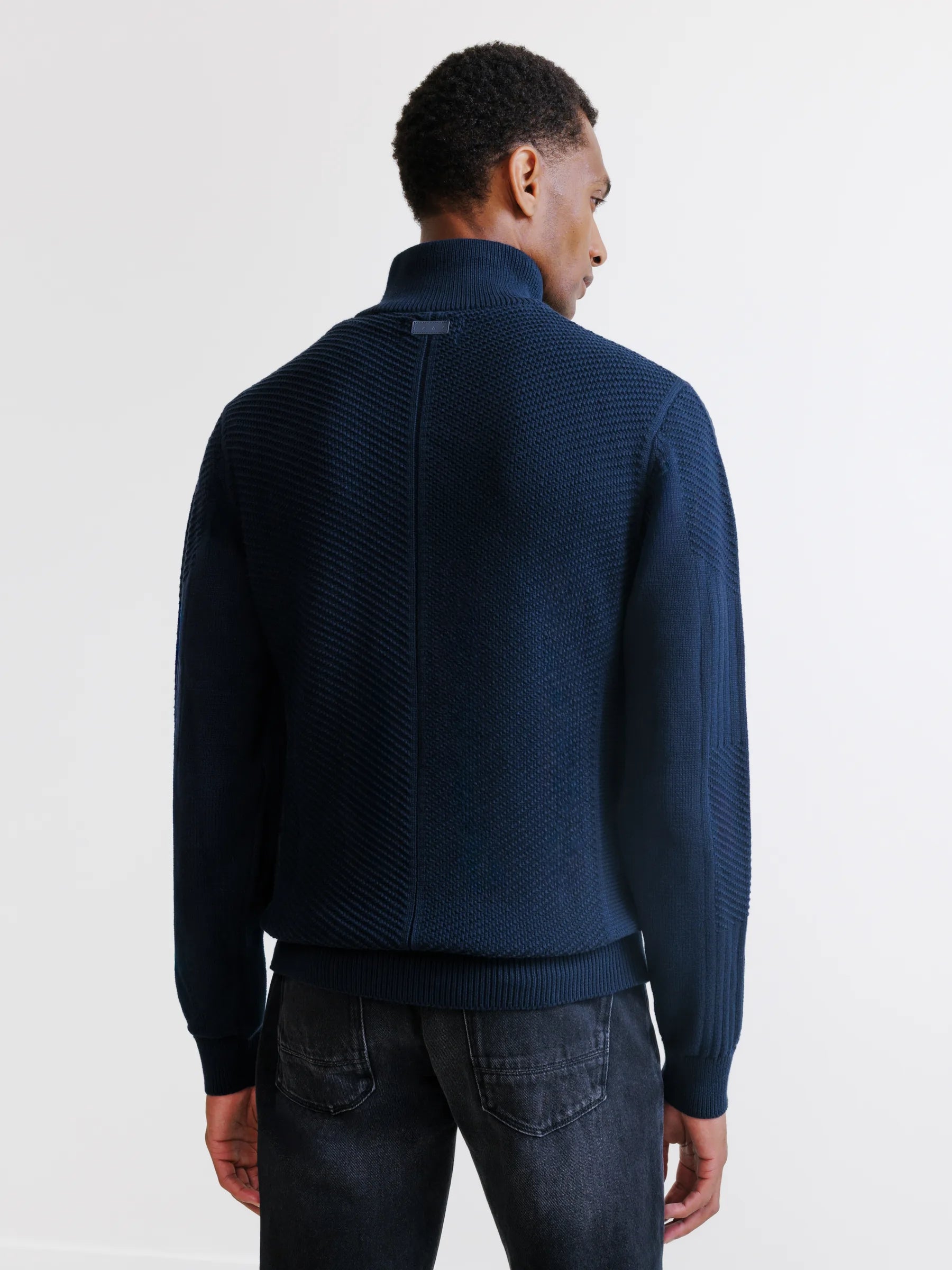 Navy zip-up cardigan with stitch detailing
