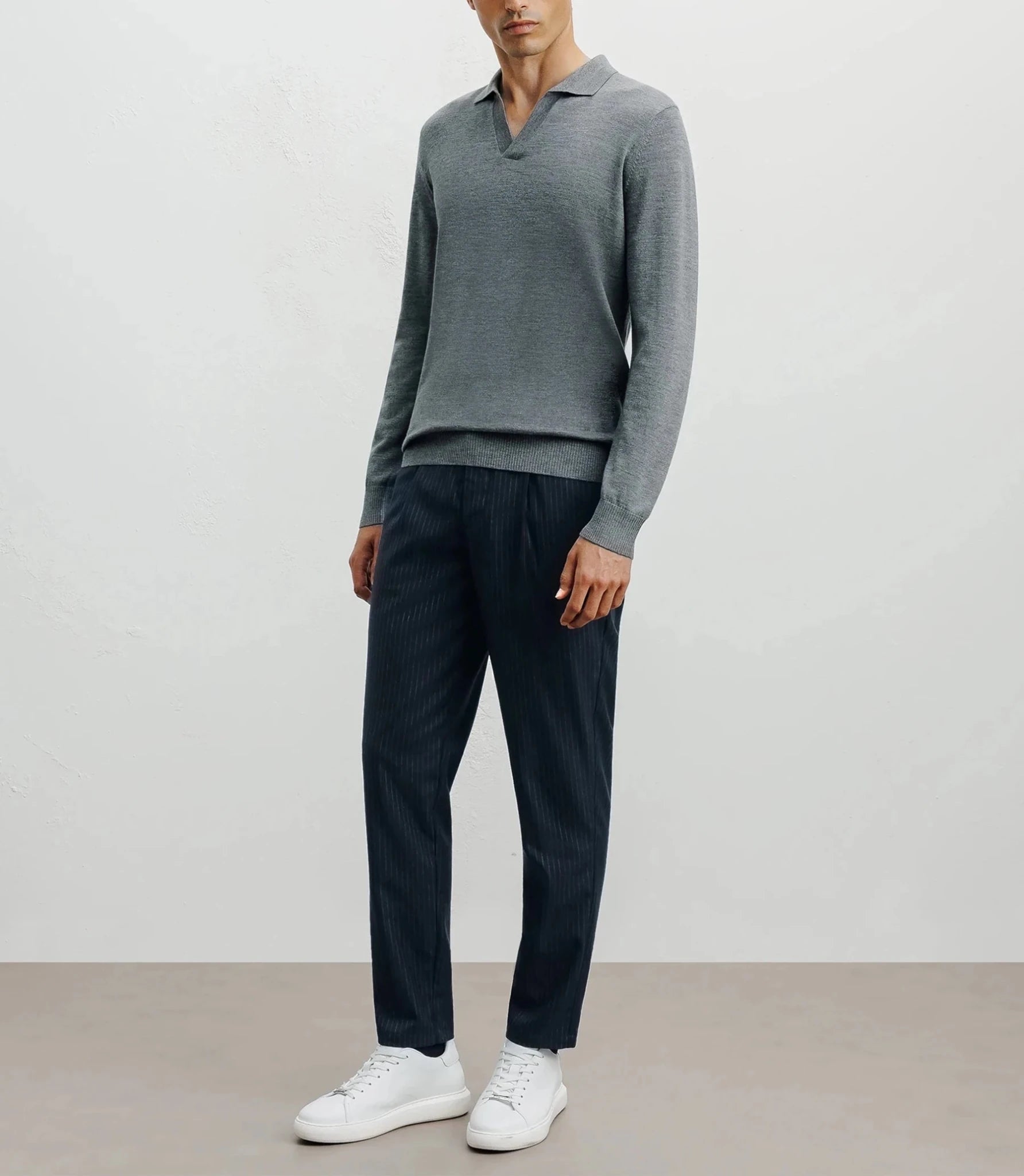 Pull col polo en laine mérinos gris chiné - IZAC