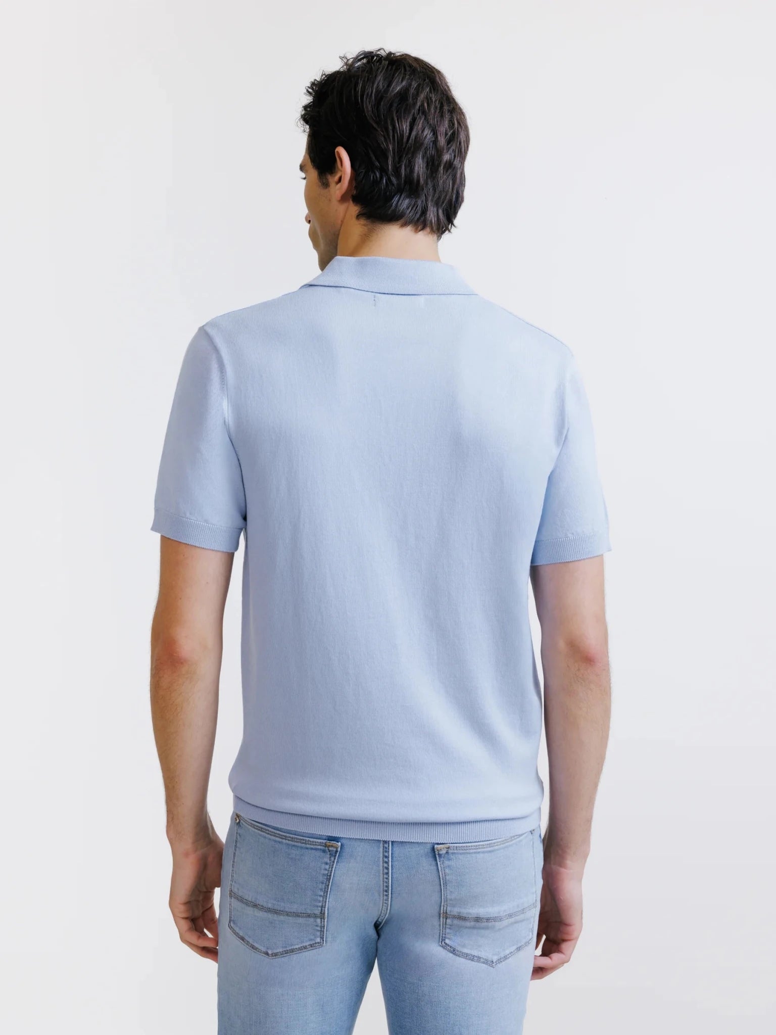 sky blue open-neck knit polo shirt