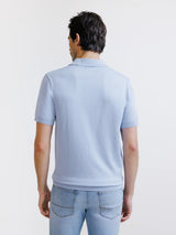 sky blue open-neck knit polo shirt