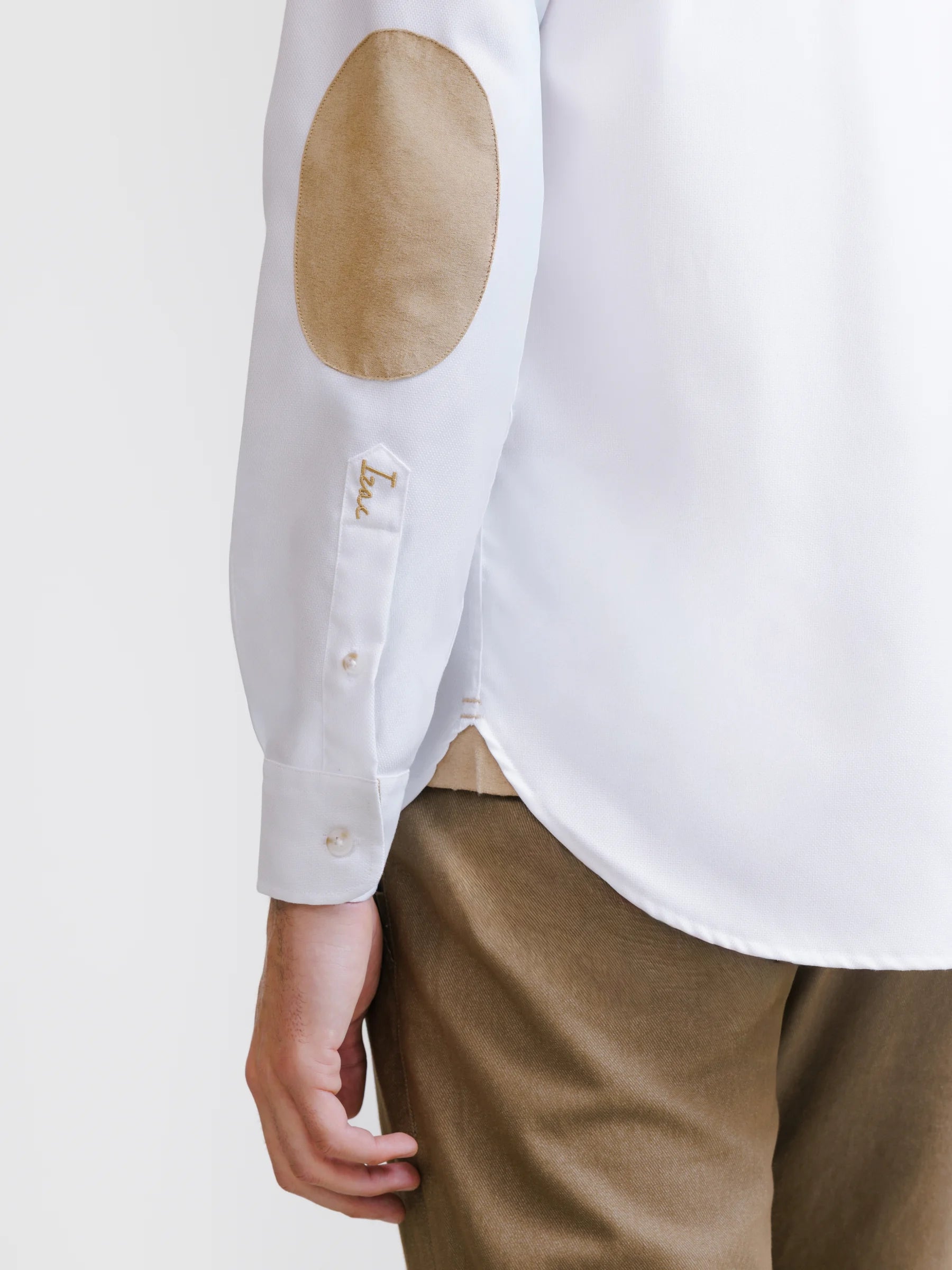 Chemise col mao avec coudière en suède blanche