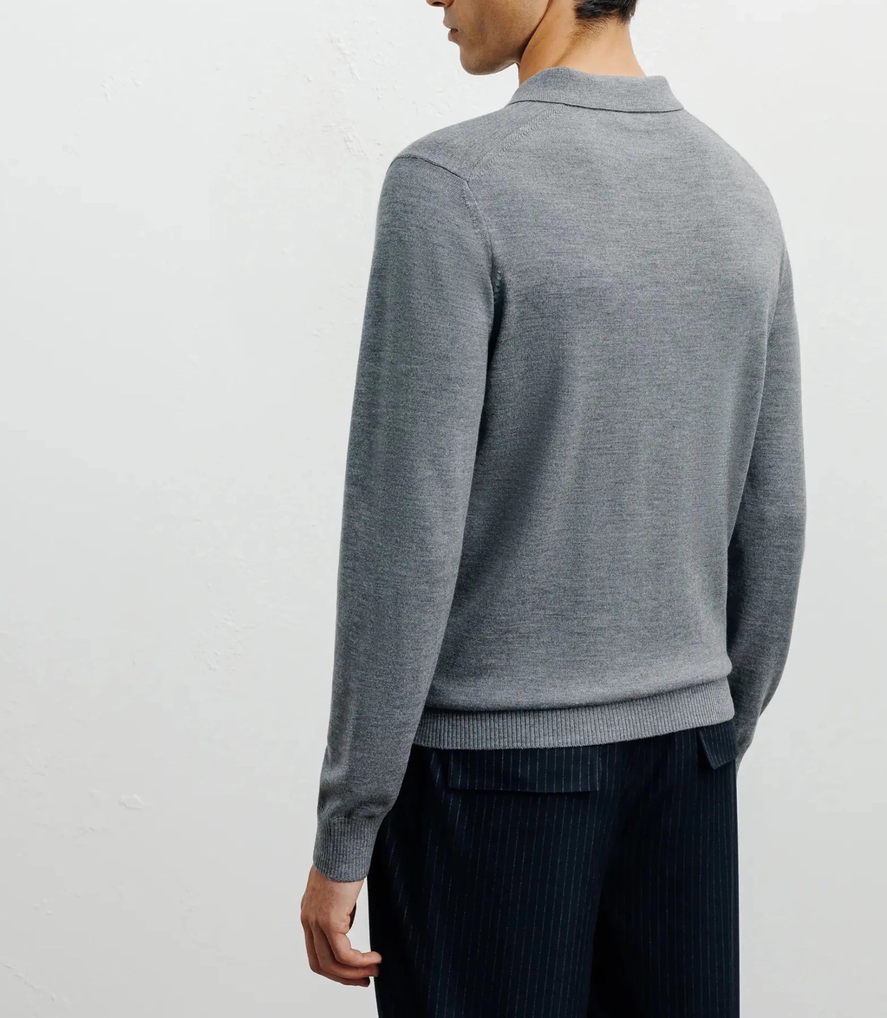 Pull col polo en laine mérinos gris chiné - IZAC