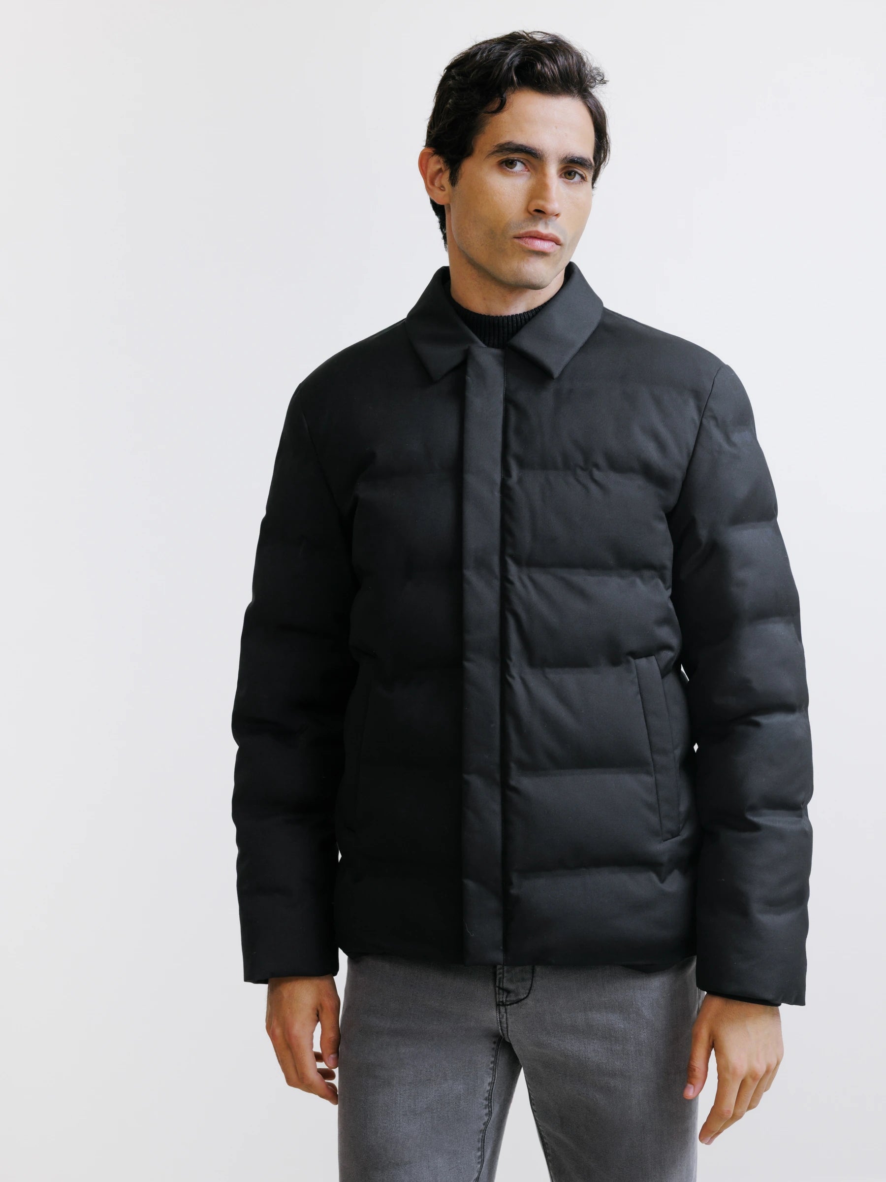 Black short down jacket with shirt collar