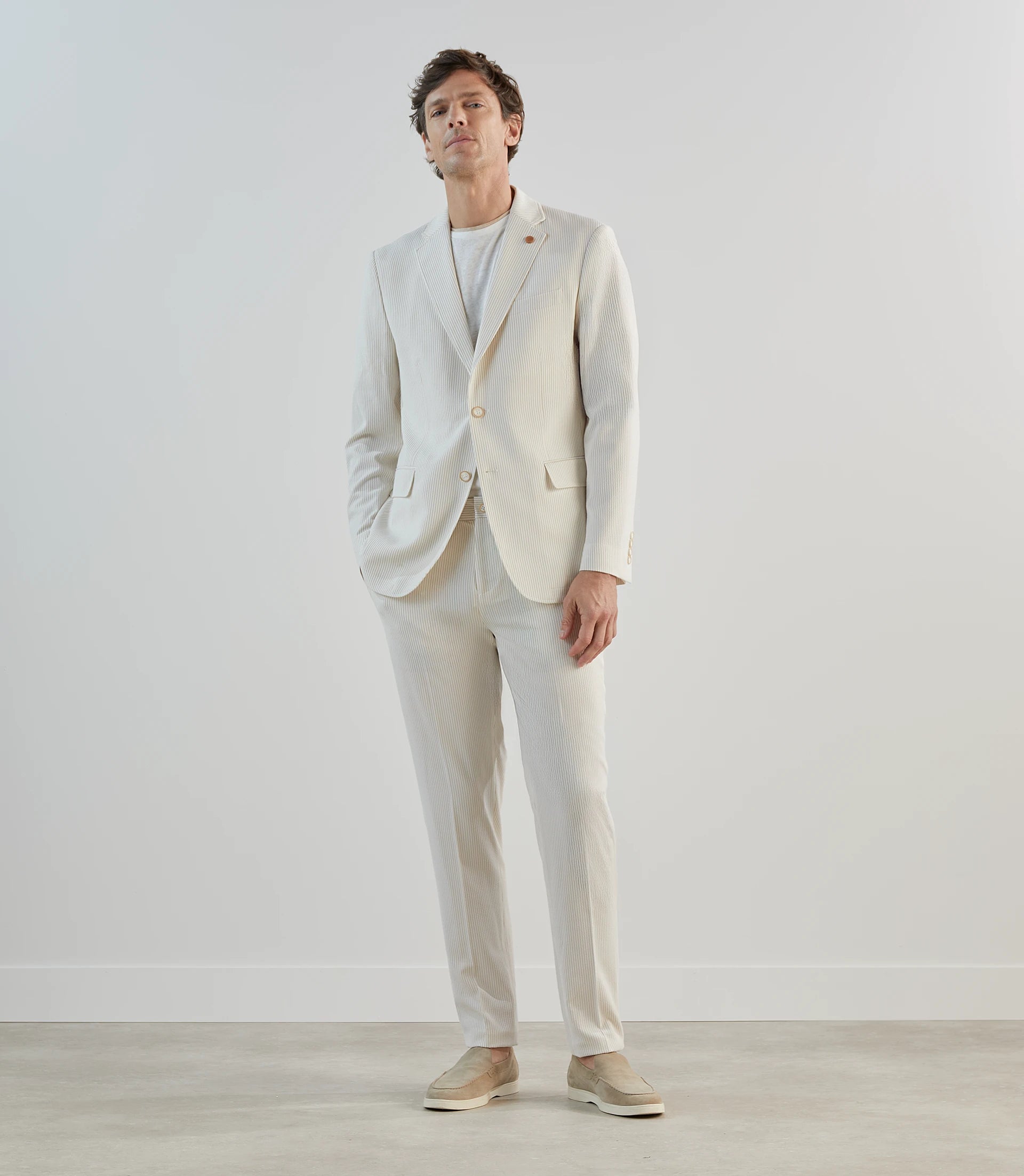 Pantalon ville en seersucker rayé beige - IZAC