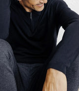 Polo-neck zip-up sweater in fine navy knit