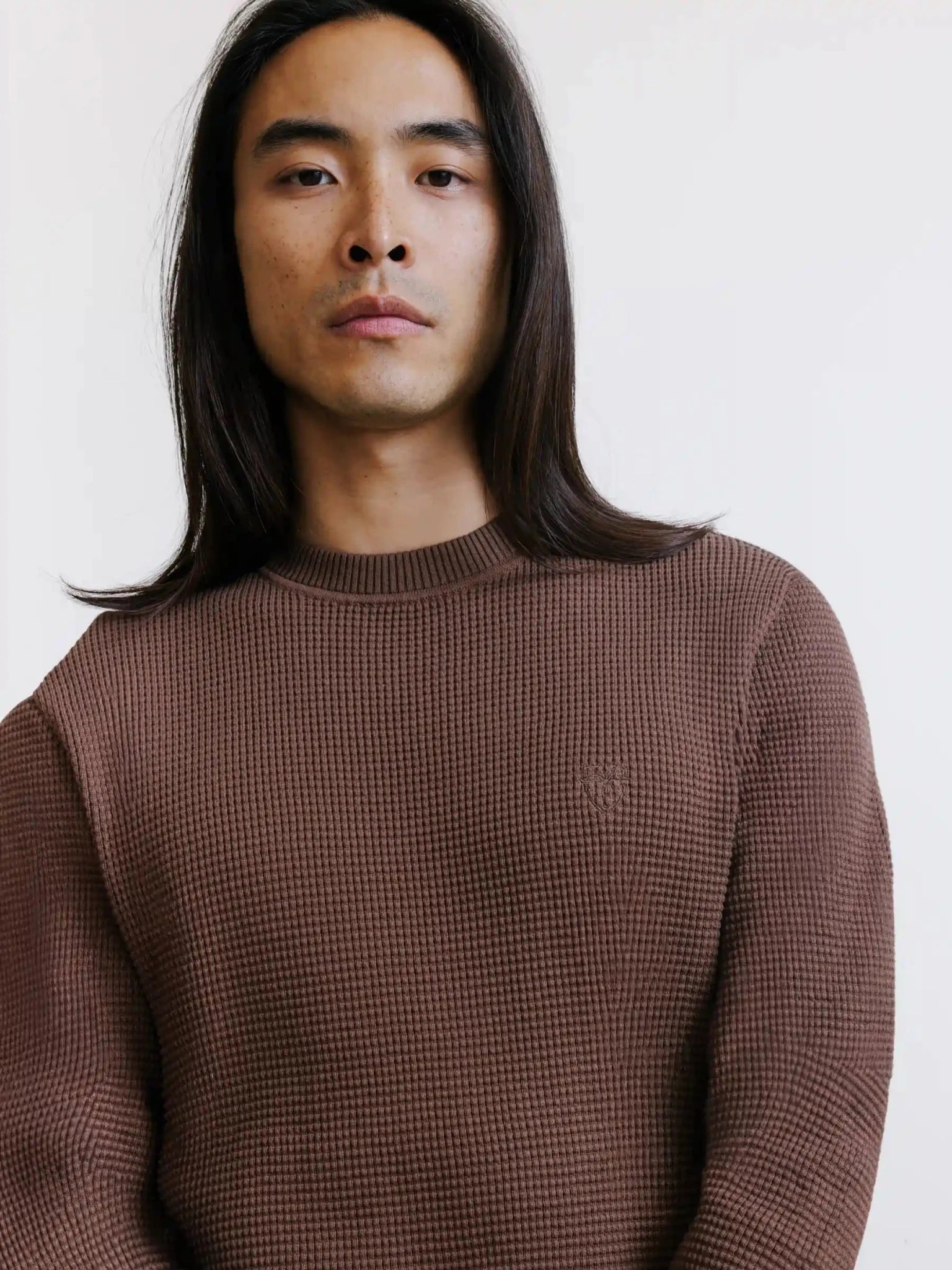 Tobacco round neck jumper with textured knit