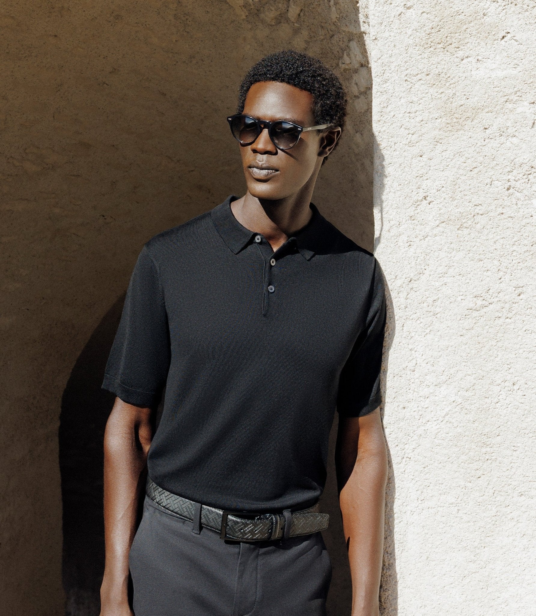 Polo col boutonné en maille noir - IZAC