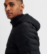 Down jacket with black removable hood