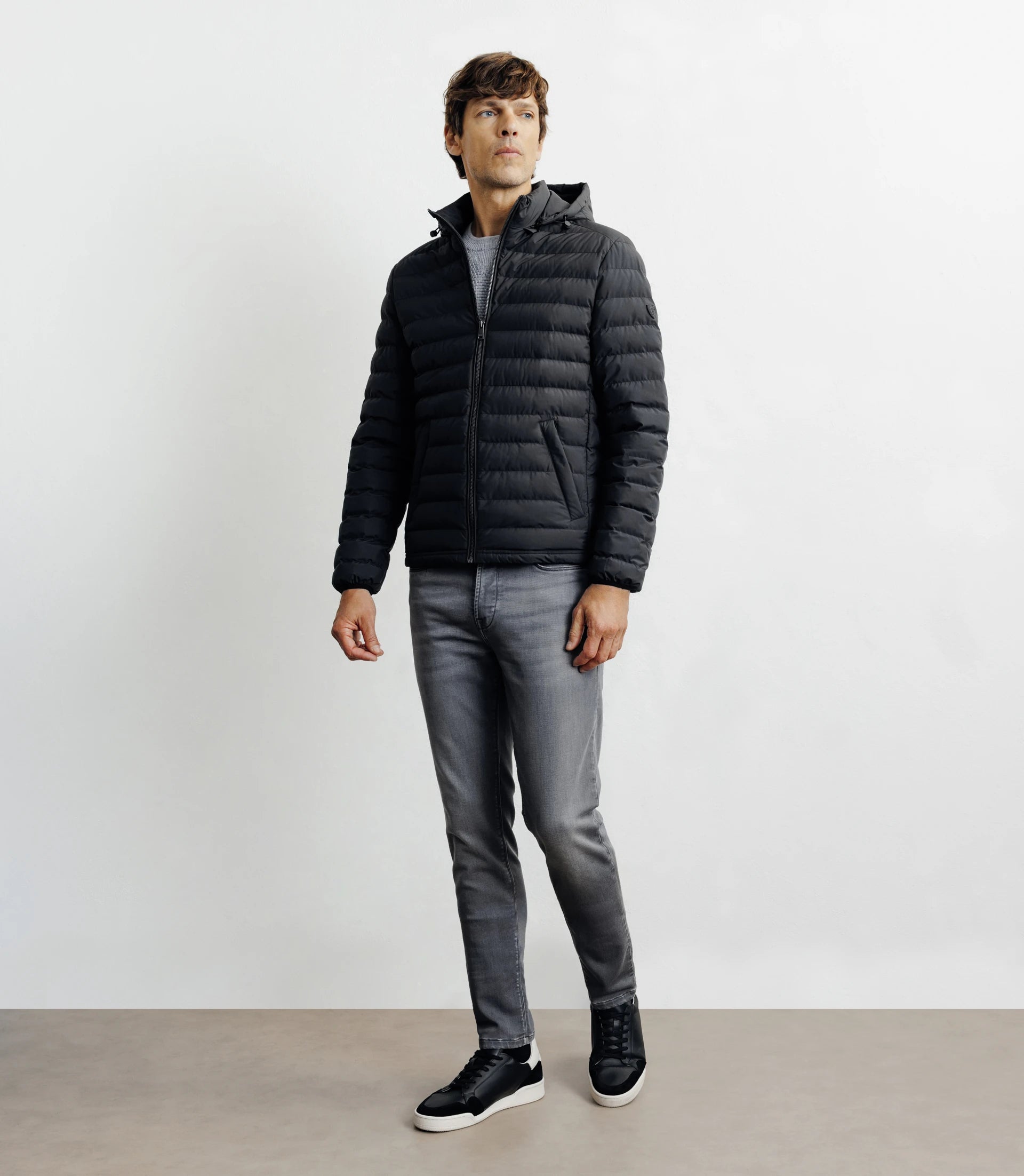 Down jacket with black removable hood