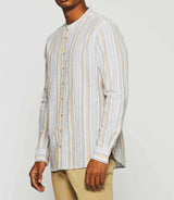 Striped linen shirt mao collar camel KABOSA