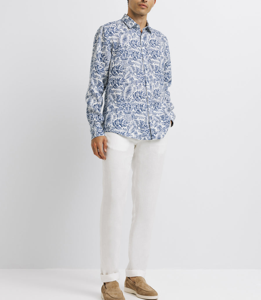 Chemise casual en lin imprimée bleue