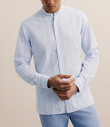 Chemise rayée col mao 100% coton ciel