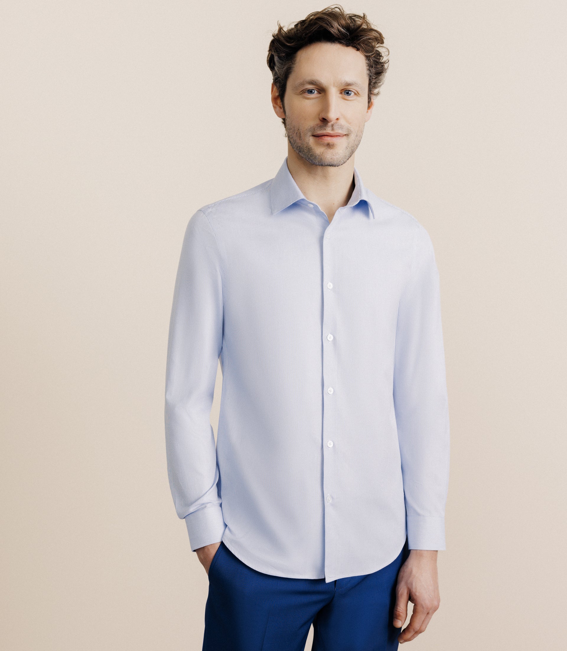 Chemise 100% coton sans repassage bleue