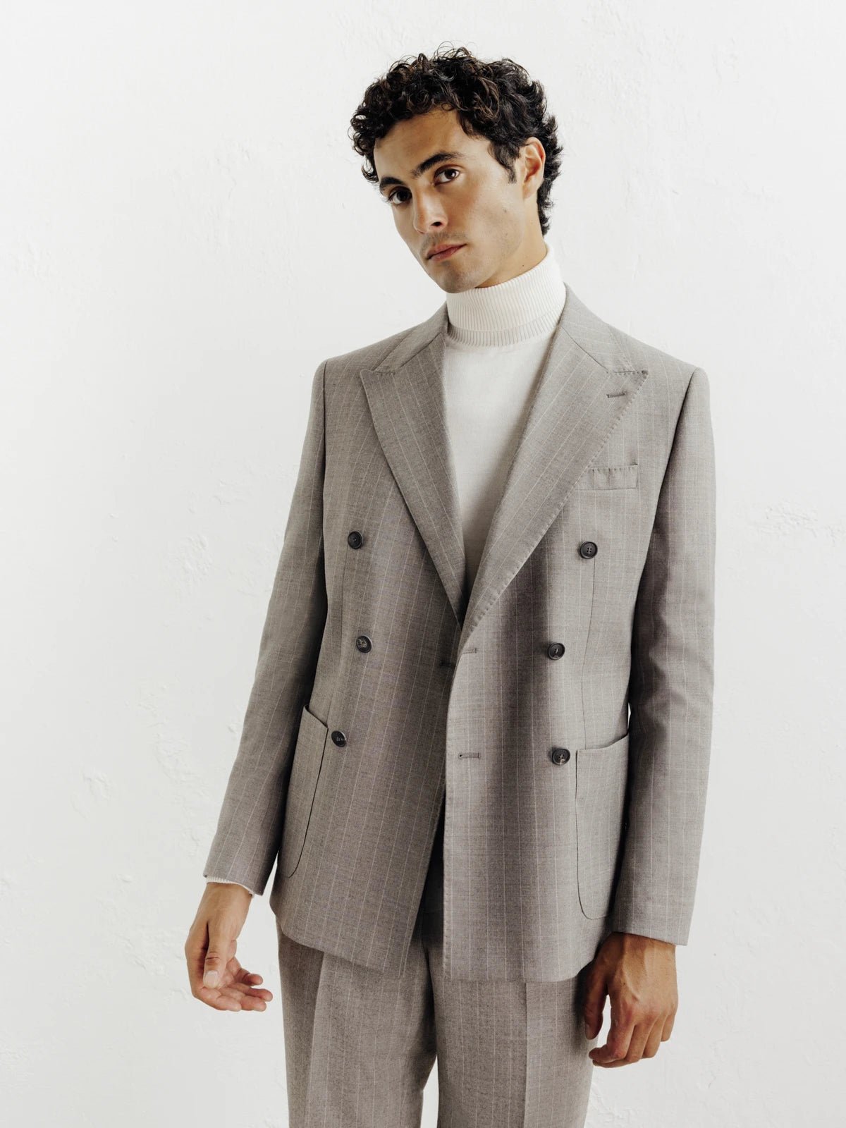 Costume croisé à rayures beige - IZAC