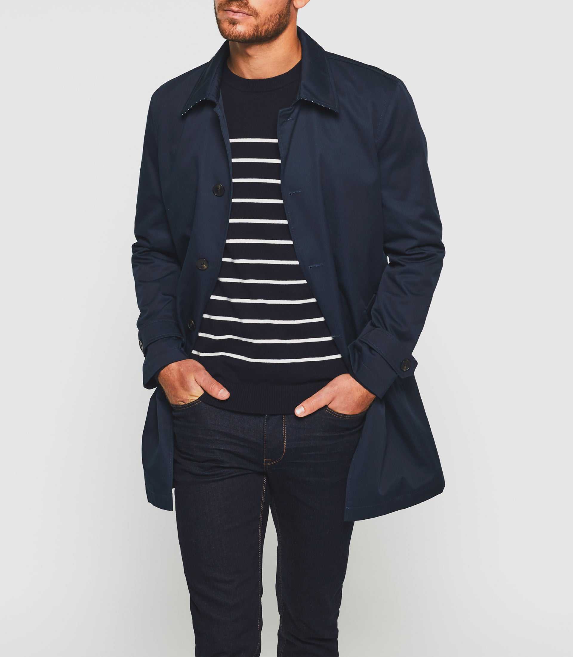 Haider" navy long straight trench coat