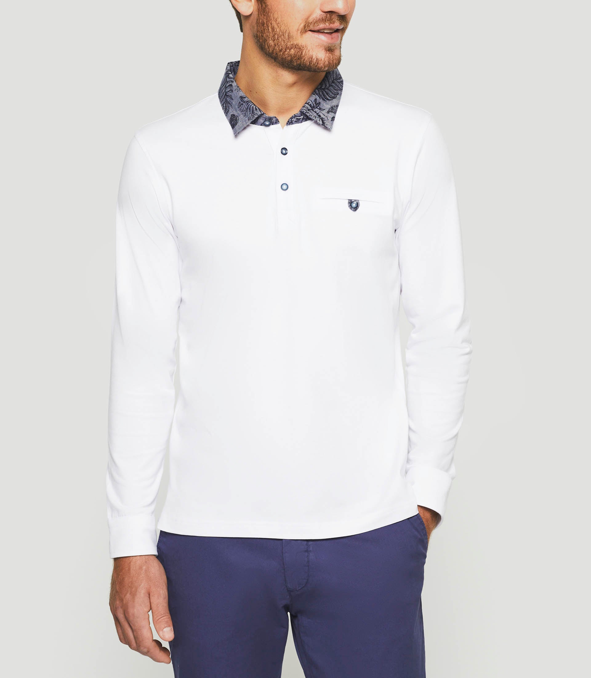 Polo manches longues blanc "Guy"