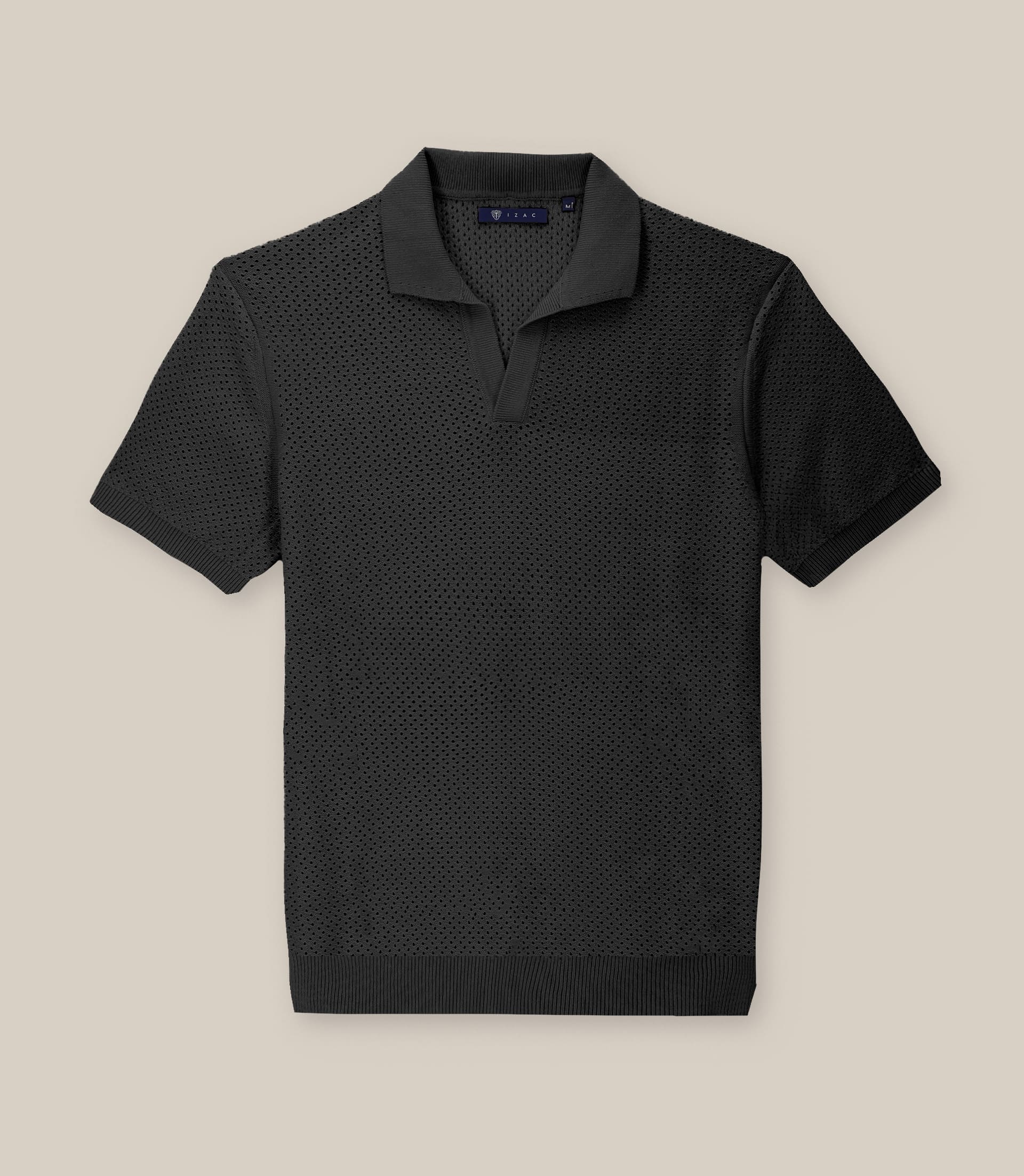 Black openwork knit polo shirt with open collar