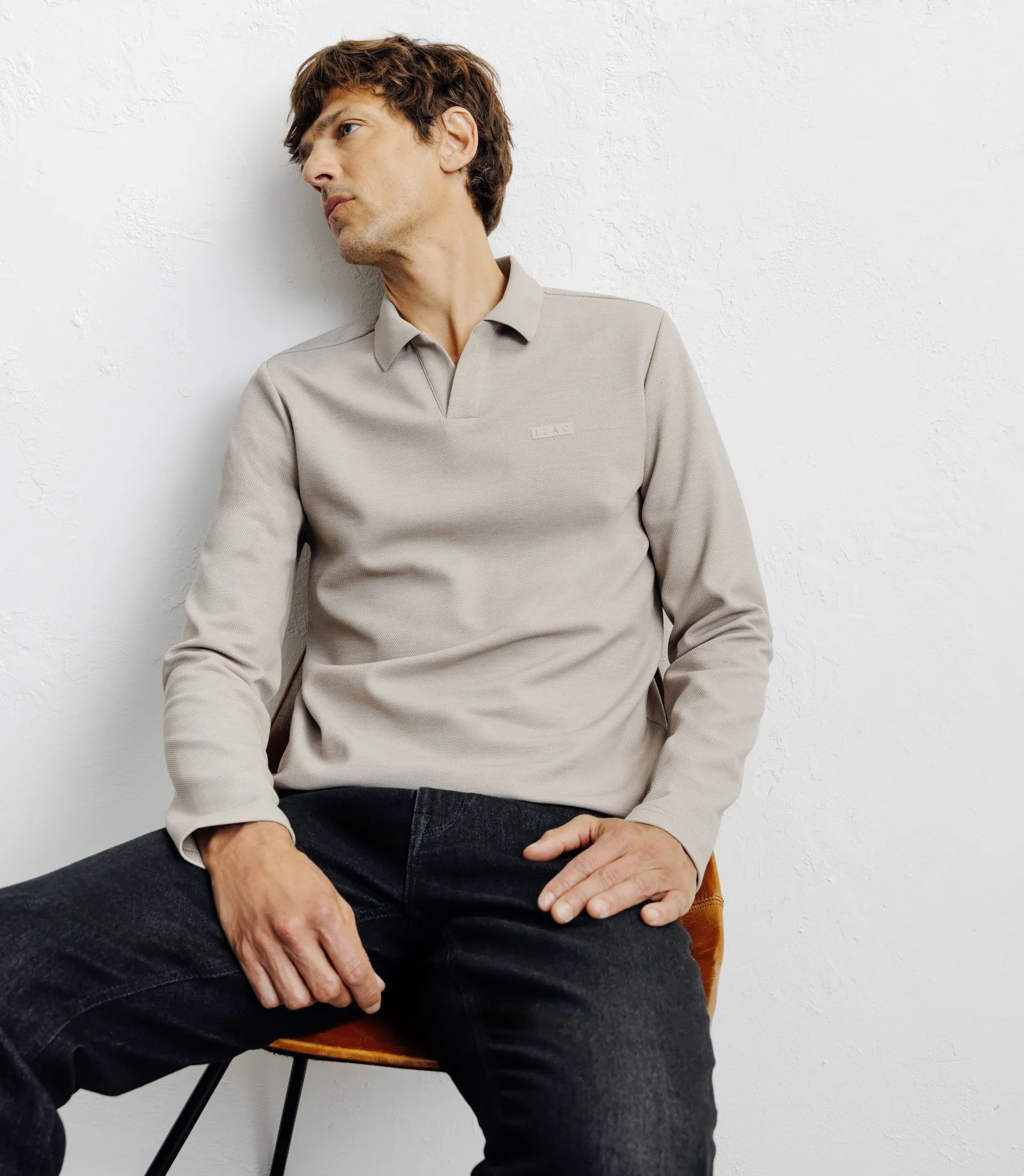 Polo col ouvert manches longues beige - IZAC