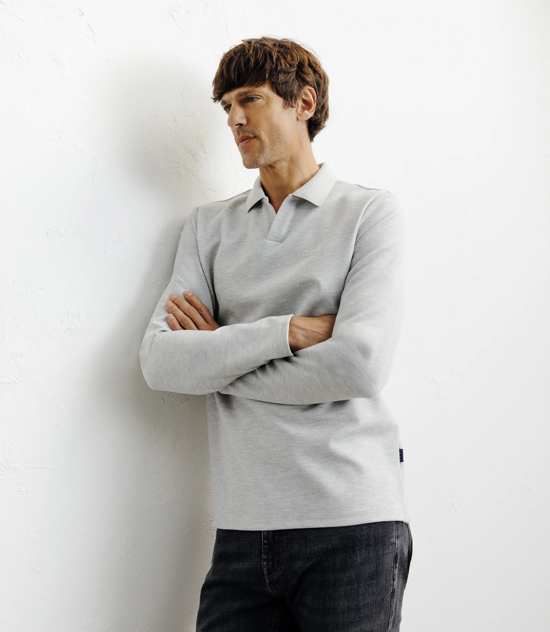 Polo col ouvert manches longues gris chine - IZAC