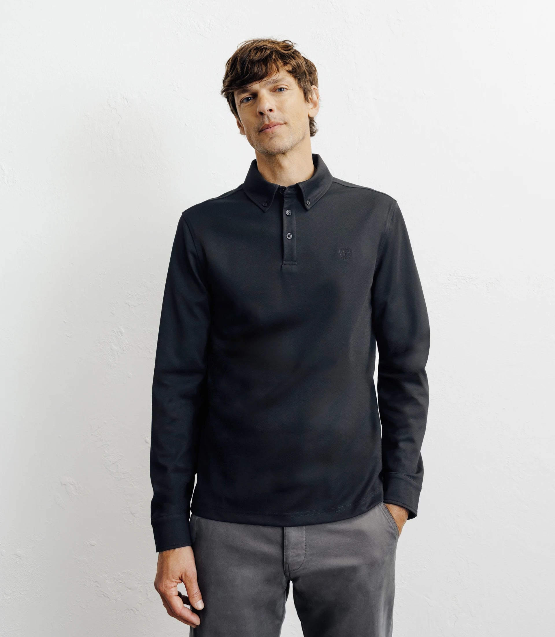 Polo boutonné manches longues noir - IZAC