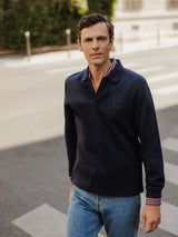 Navy long-sleeved button-down polo shirt