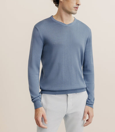 Pull col V manches longues bleu gris