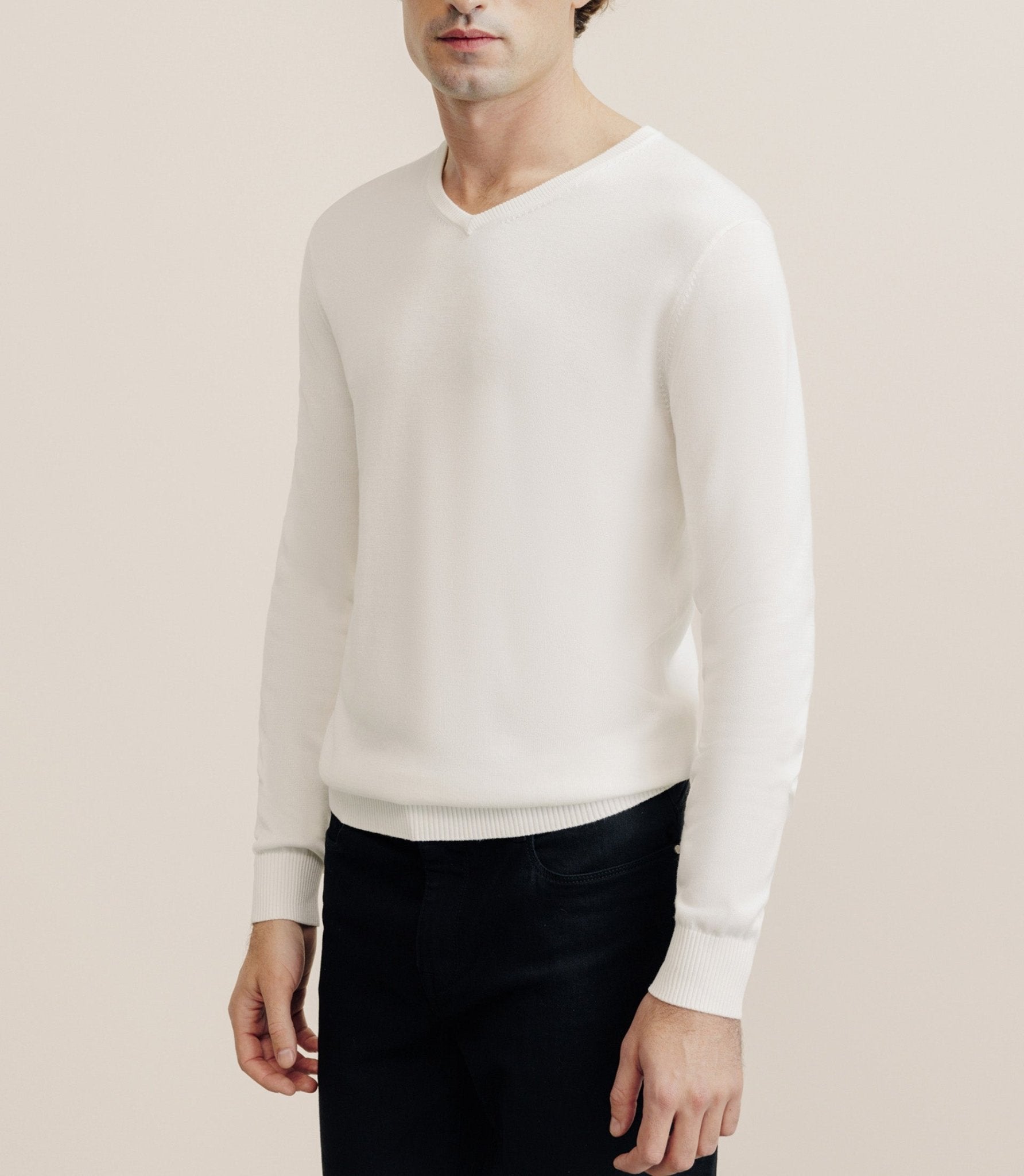 Pull V -neck V Long sleeves ecru