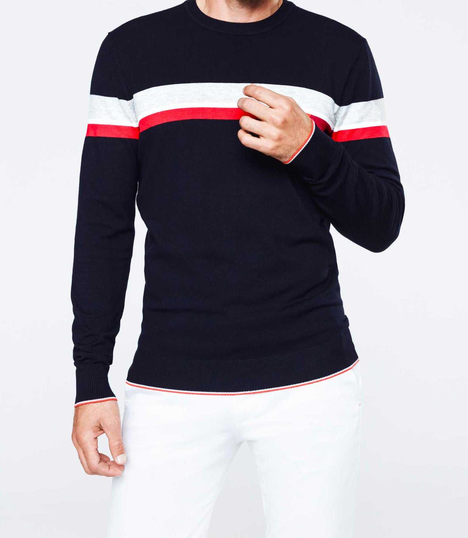 Navy sweater with sporty stripes