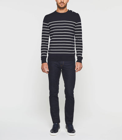 Pull col rond marine à rayures écru "Daymon" - IZAC