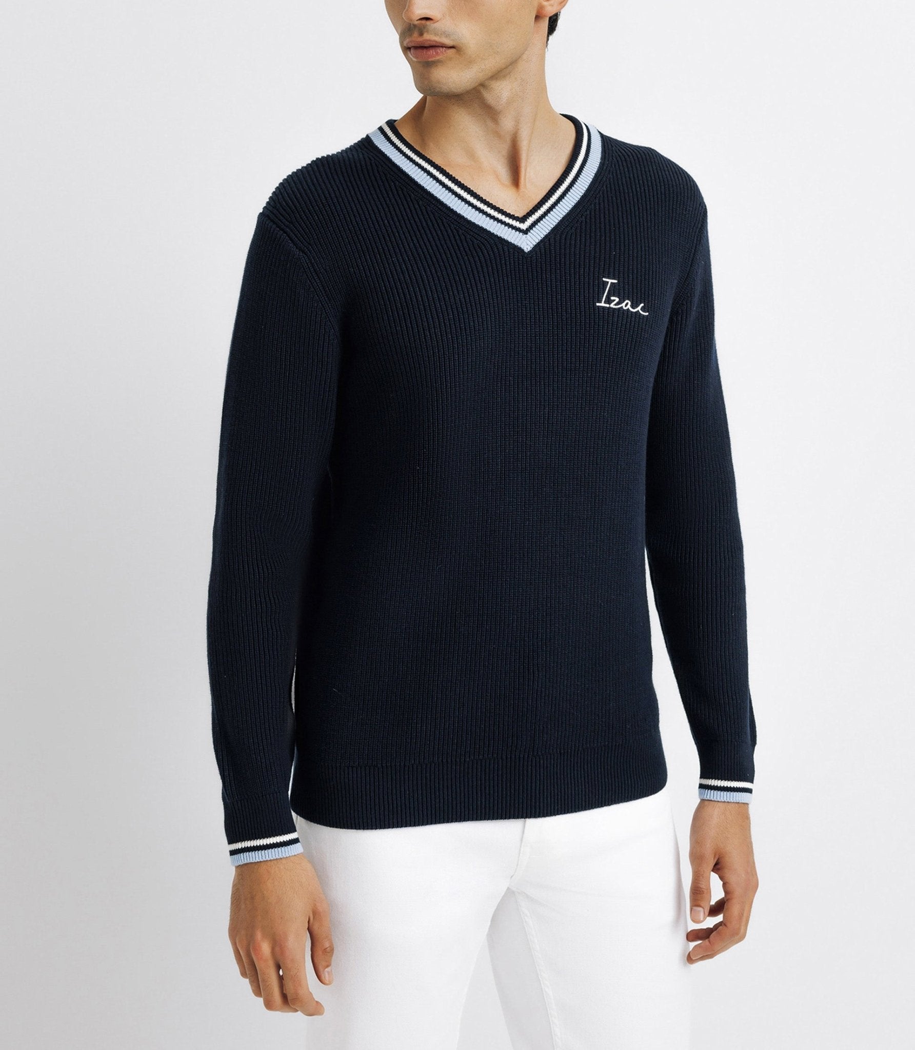 Pull col V brodé marine - IZAC