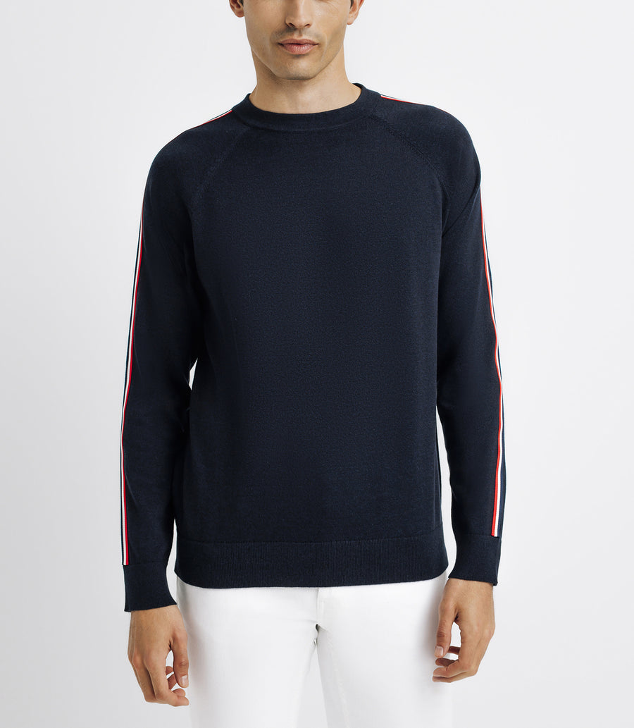 Pull col rond avec bande tricolore marine