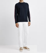 Round neck sweater with tricolor marine band