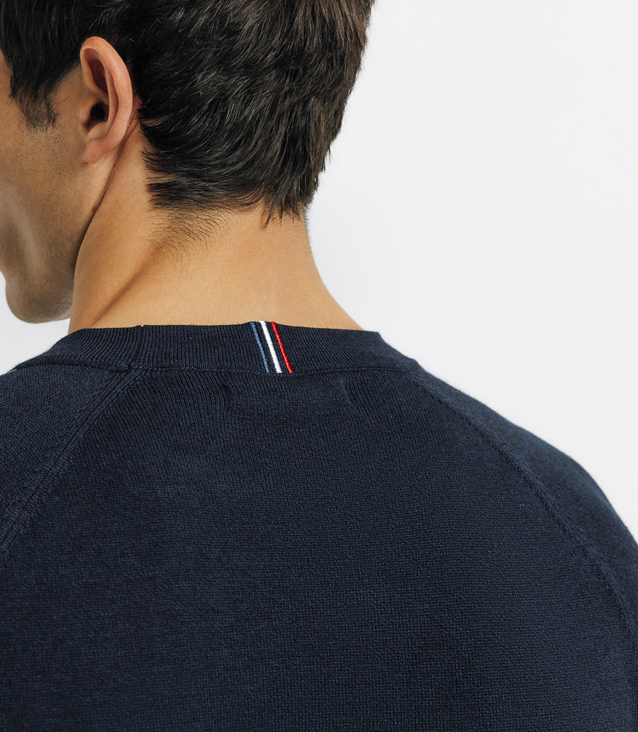 Pull col rond avec bande tricolore marine