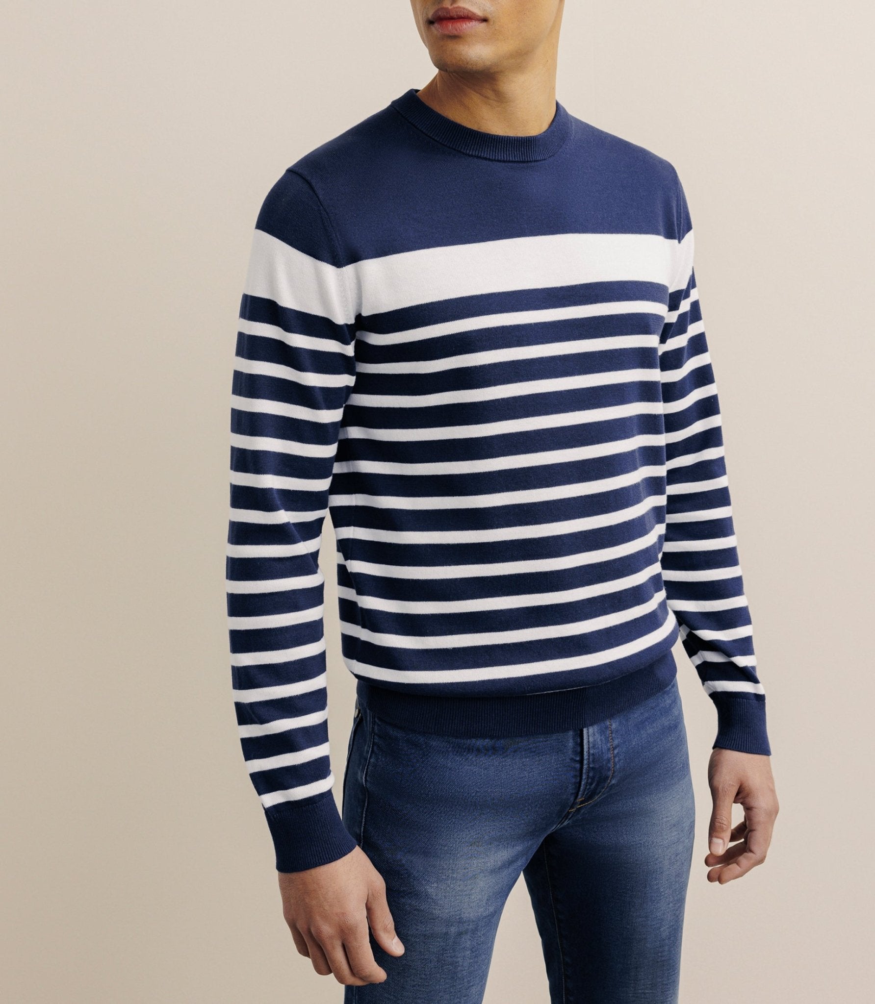 Pull col rond marinière marine