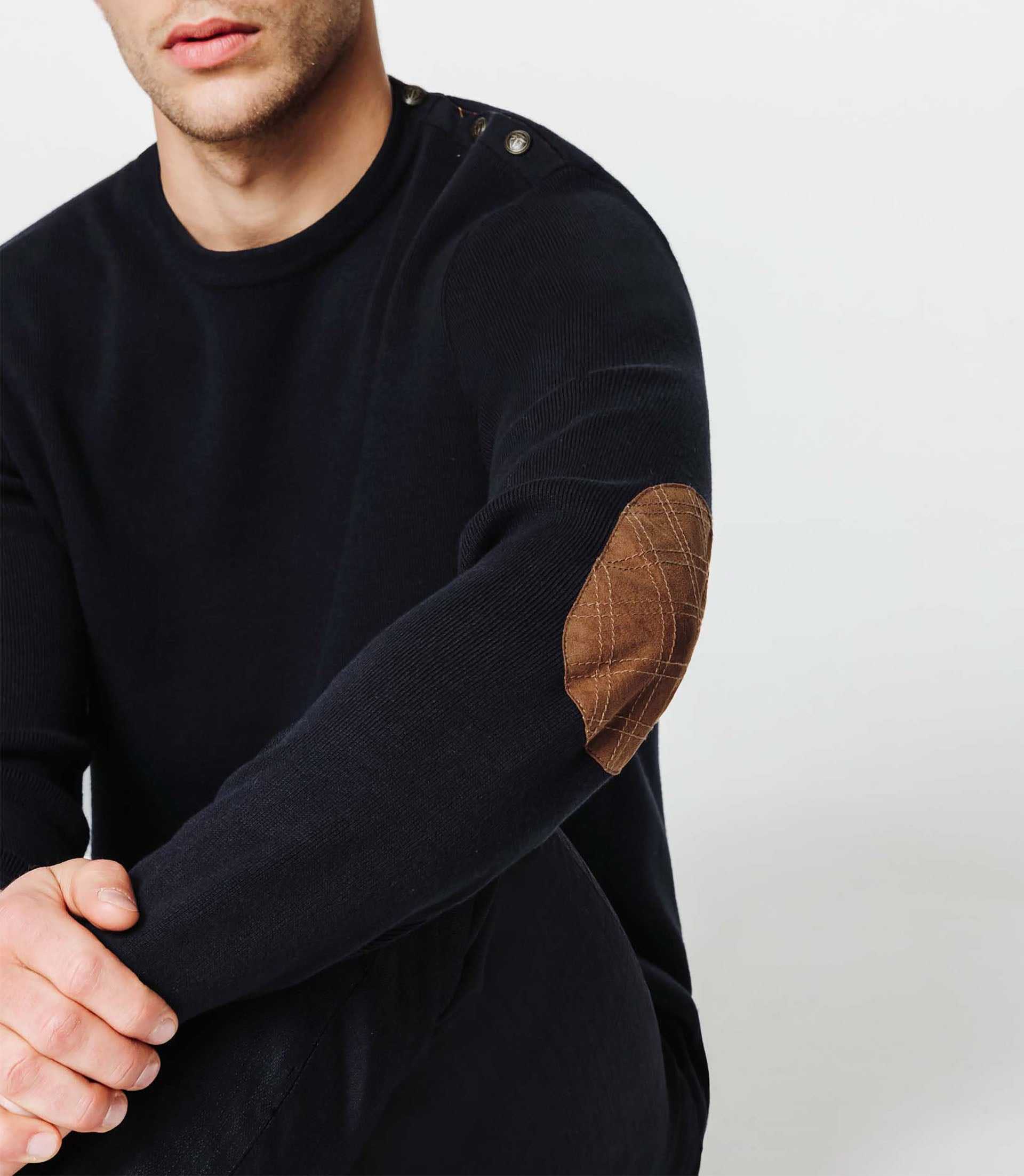 Navy sweater with suede elbow patches