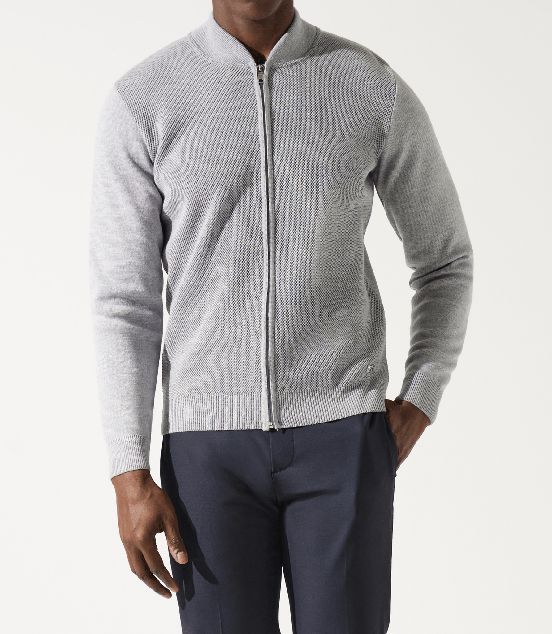 Gilet zippé jeux de point gris chiné en mérinos - IZAC