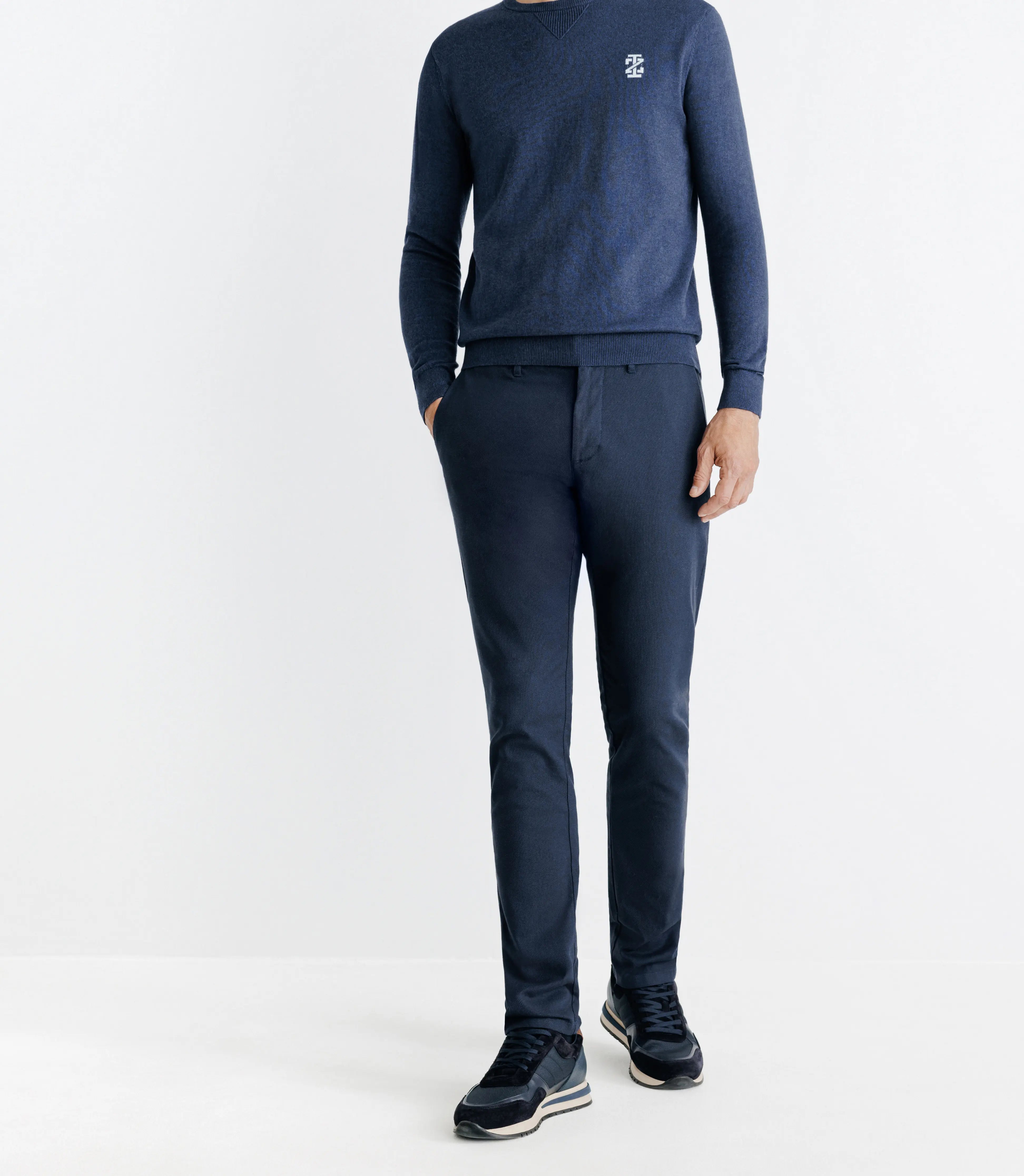 Pull col rond coton/cachemire à coudières bleu - IZAC