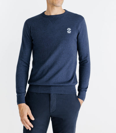 Pull col rond coton/cachemire à coudières bleu - IZAC