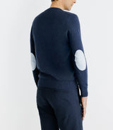 Pull col rond coton/cachemire à coudières bleu - IZAC