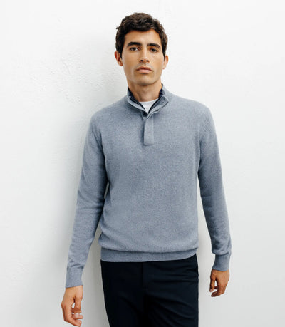 Pull col zippé et boutonné 100% cachemire indigo - IZAC