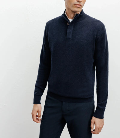 Pull col zippé et boutonné 100% cachemire marine