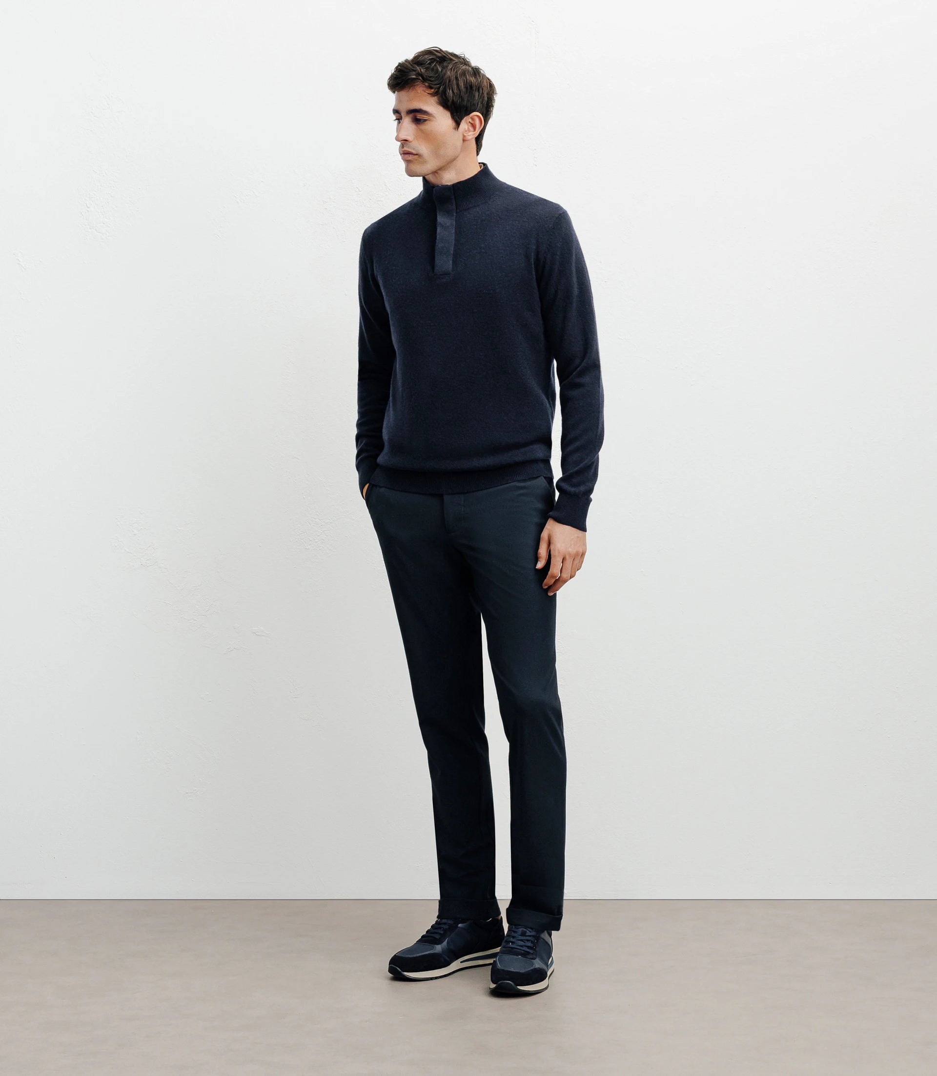 Pull col zippé et boutonné 100% cachemire marine - IZAC