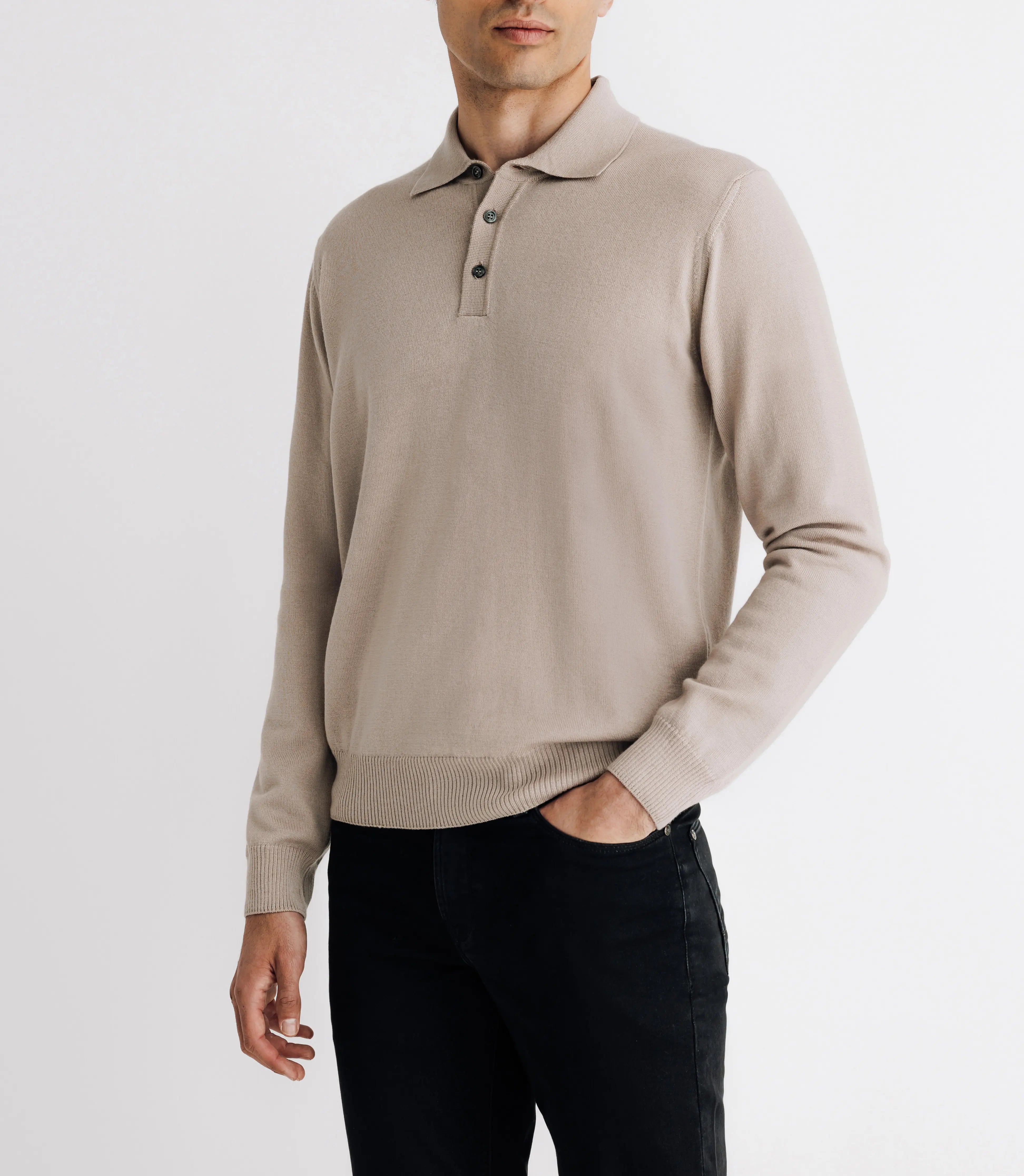 Pull col polo en laine mérinos beige - IZAC