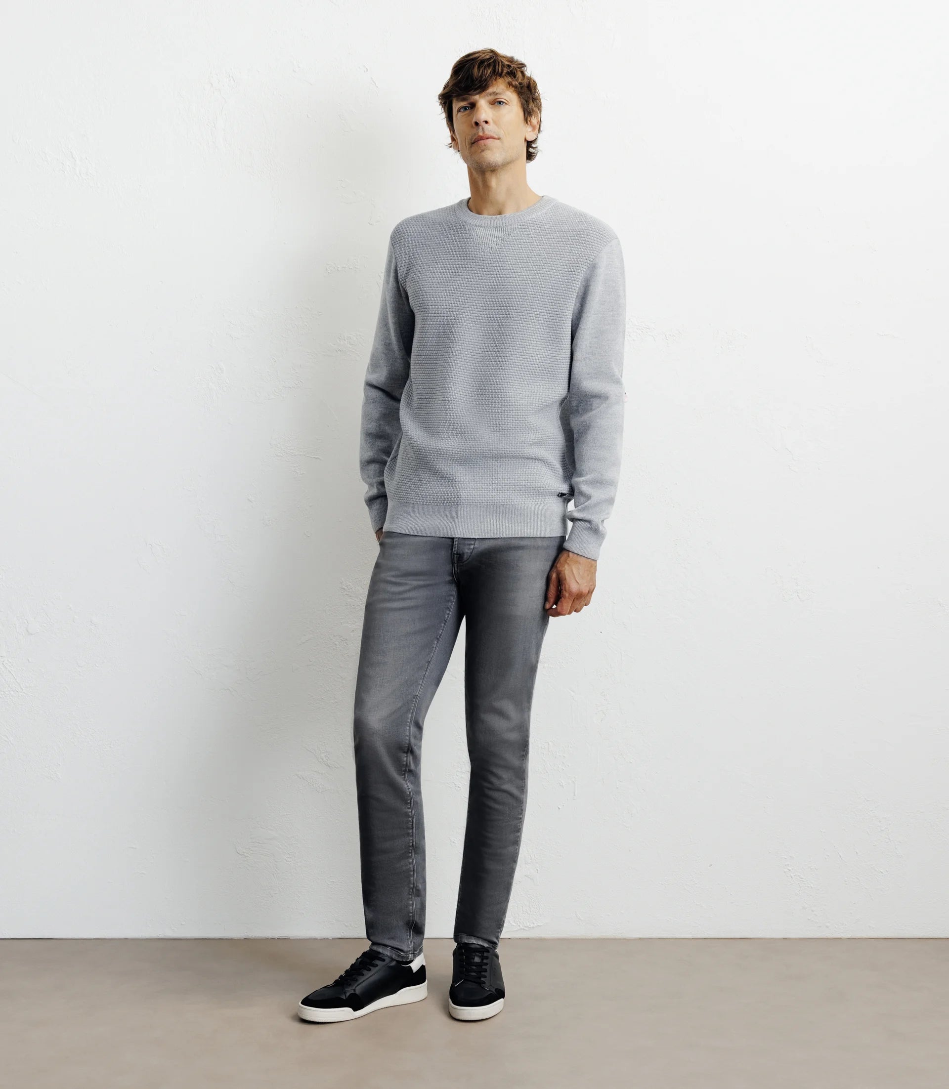 Pull col rond jeux de points gris chiné - IZAC