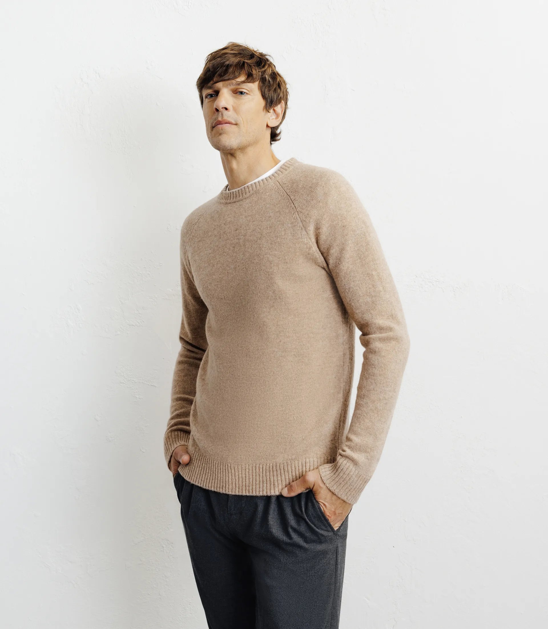 Pull en laine col rond beige - IZAC